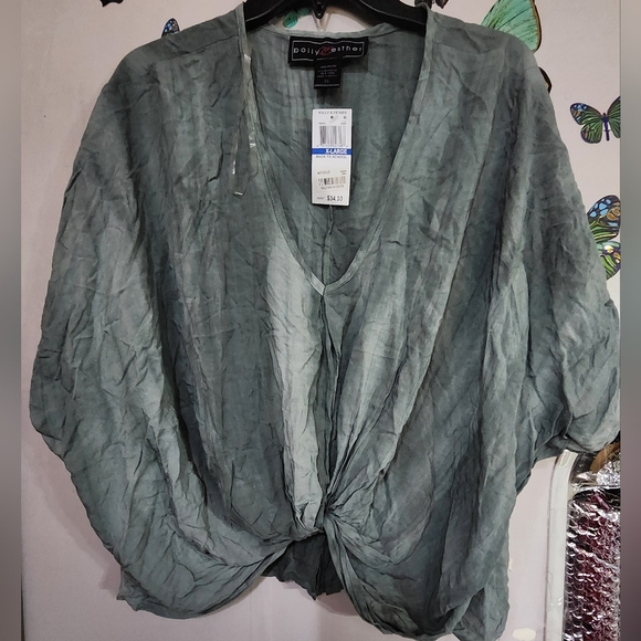 Polly & Esther Juniors' Knot-Front Dolman-Sleeved Blouse Green Size X-Large - Picture 3 of 6